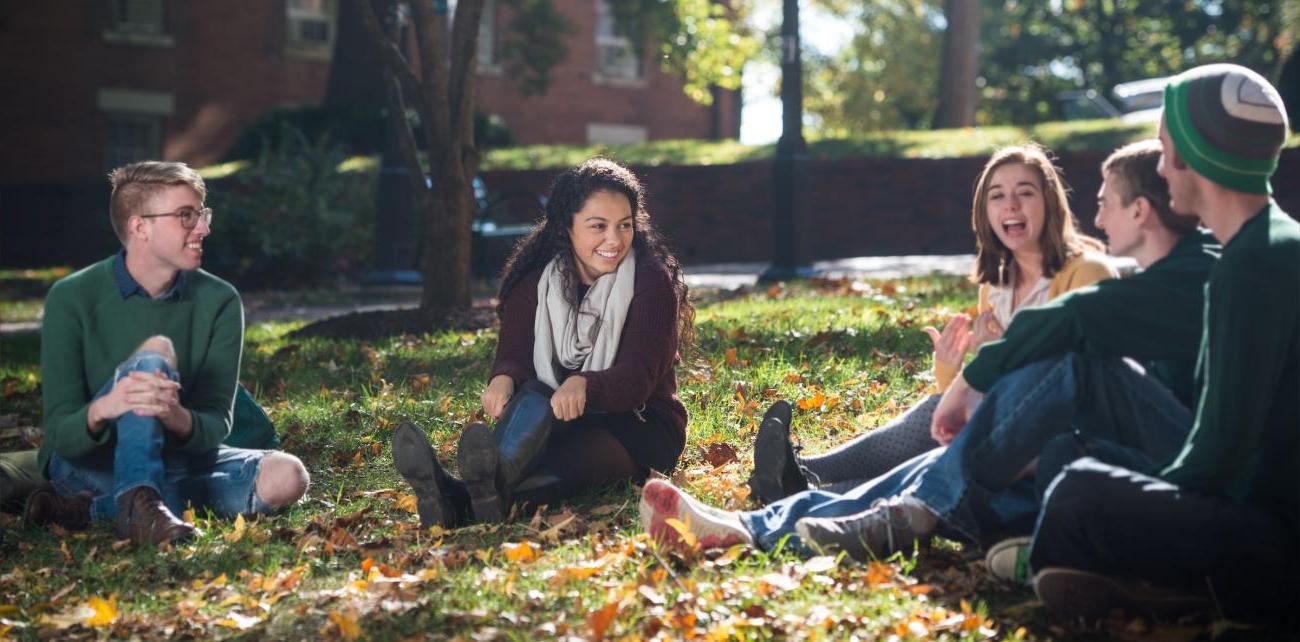 学生们坐在大学绿地上的草地上.